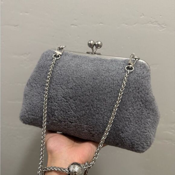 Gray Real Shearling Leather Handmade Kisslock Clutch Shoulder Bag, Crossbody - Picture 8 of 14